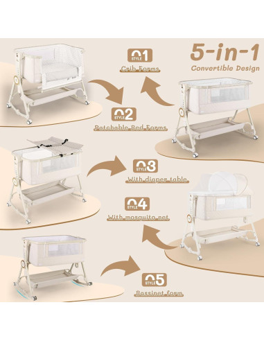 Cuna Lateral 5 en 1 FYYWBABY Beige con Colchón y Red Antimosquitos