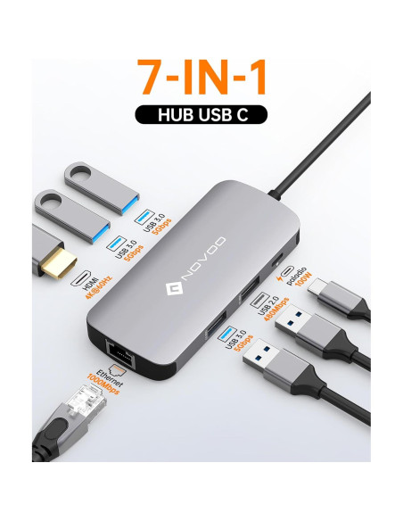 Hub USB C NOVOO 7-en-1 4K HDMI Ethernet 100W PD Hub USB C NOVOO 7-en-1 4K HDMI Ethernet 100W PD