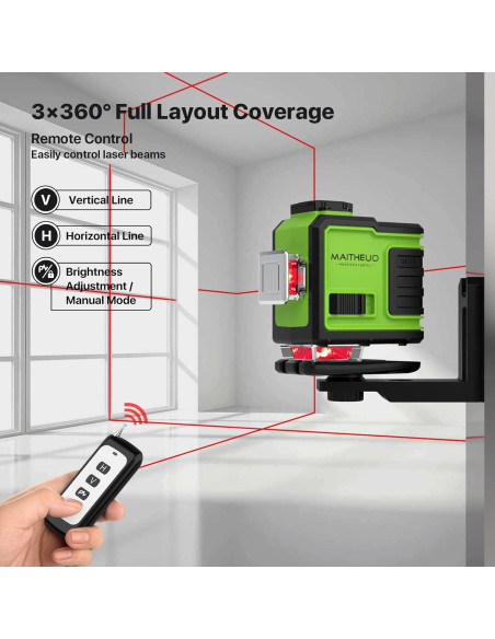 Nivel Láser MAITHEUO 3x360 Autonivelante Verde con Control Remoto Nivel Láser MAITHEUO 3x360 Autonivelante Verde con Control Remoto