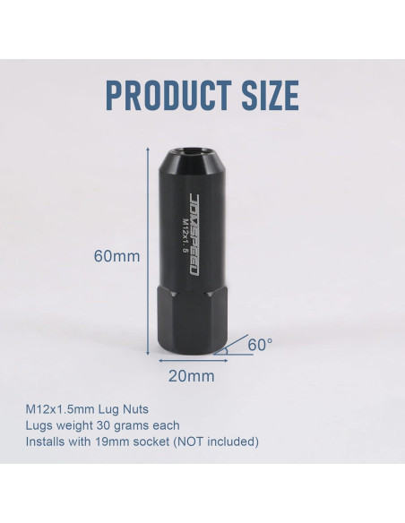 Tuercas de Aluminio JDMSPEED 60mm M12x1.5 20 Pcs Negras Tuercas de Aluminio JDMSPEED 60mm M12x1.5 20 Pcs Negras