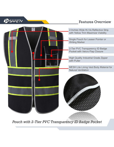 Chaleco de Seguridad JKSafety Grande Negro Reflectante 3 Bolsillos