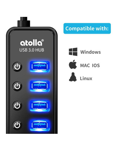 Hub USB 3.0 Atolla 7 Puertos con Carga Inteligente y Interruptores