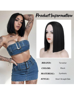 Peluca Bob Negra Tereshar Sintética 30 cm Resistente al Calor 2