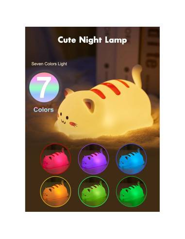 Luz Nocturna Gato Minetom Silicona 7 Colores Recargable