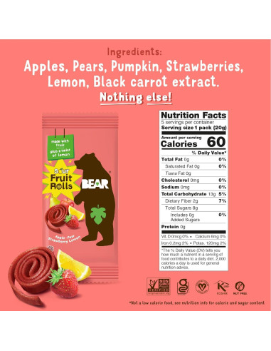Yoyos de Fruta BEAR - Fresa y Manzana - 5 Rollos 20g
