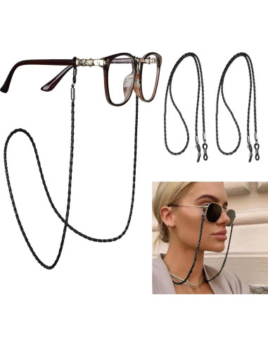 Cadena de Gafas Jawfait 3 Piezas Cuero Negro 71 cm