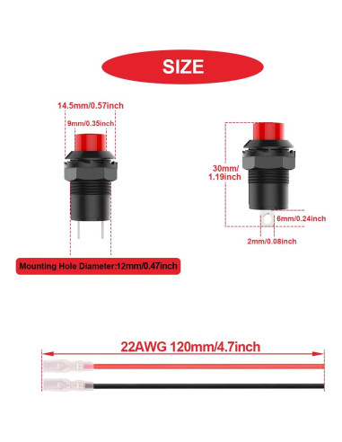 12 Interruptores Auto-bloqueantes Rojo MKBKLLJY 12mm 250V 1.5A