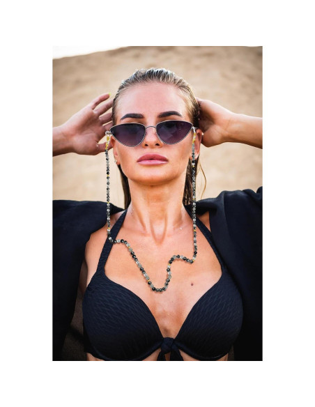 Cadena de Gafas Elegante con Perlas y Cuarzo Negro Rutilado Cadena de Gafas Elegante con Perlas y Cuarzo Negro Rutilado