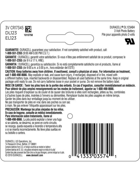 Batería de Litio Duracell CR123A 3V - Paquete de 4 Unidades Batería de Litio Duracell CR123A 3V - Paquete de 4 Unidades