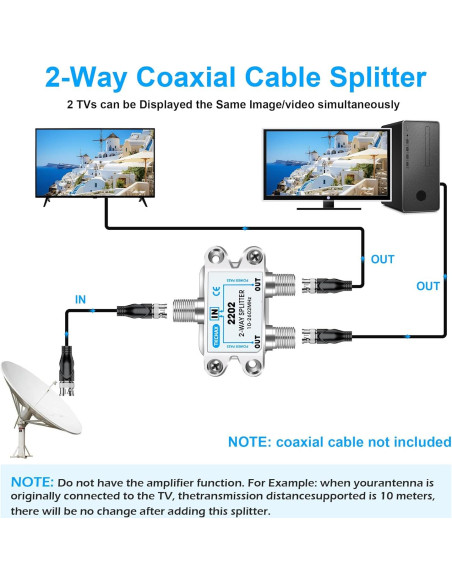 Divisor de Cable Coaxial 2 Vías TKCHAX 10-2600MHz RG6 Divisor de Cable Coaxial 2 Vías TKCHAX 10-2600MHz RG6