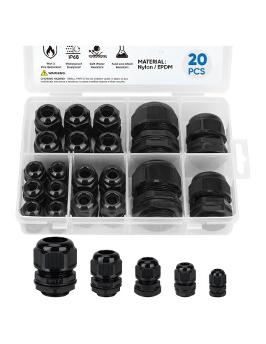 Kit de Conectores de Cable TICONN IP68 20 Piezas Nylon Negro