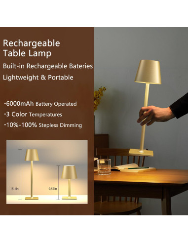 Juego de 4 Lámparas de Mesa Inalámbricas Doradas LED 6000mAh