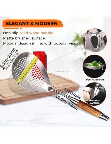 Cucharón Ranurado Acero Inoxidable Marte 41.9 cm Mango Madera