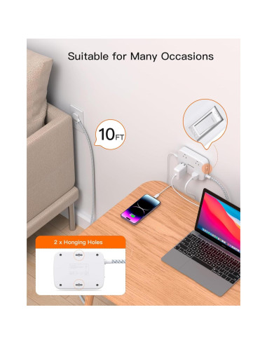 Regleta de Protección BESHON 10FT con 4 Salidas y 2 USB C