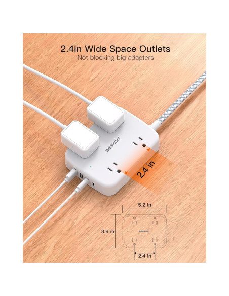 Regleta de Protección BESHON 10FT con 4 Salidas y 2 USB C Regleta de Protección BESHON 10FT con 4 Salidas y 2 USB C