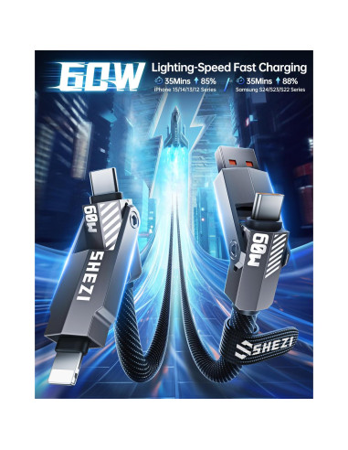 Cable USB C Lightning 4 en 1 SHEZI 5FT 60W Trenzado Gris