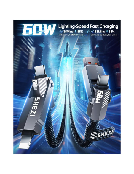 Cable USB C Lightning 4 en 1 SHEZI 5FT 60W Trenzado Gris Cable USB C Lightning 4 en 1 SHEZI 5FT 60W Trenzado Gris