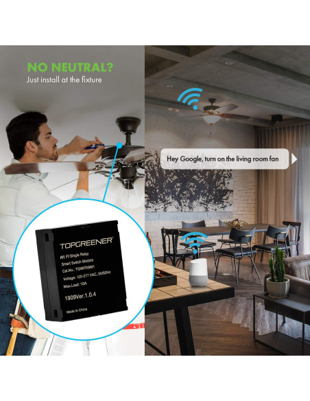 Módulo de Relé Wi-Fi TOPGREENER TGWFRSM1, Interruptor Inteligente Oculto Módulo de Relé Wi-Fi TOPGREENER TGWFRSM1, Interruptor Inteligente Oculto