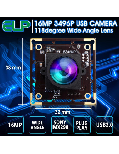 Cámara USB ELP 16MP con Lente de 118 Grados Sin Distorsión