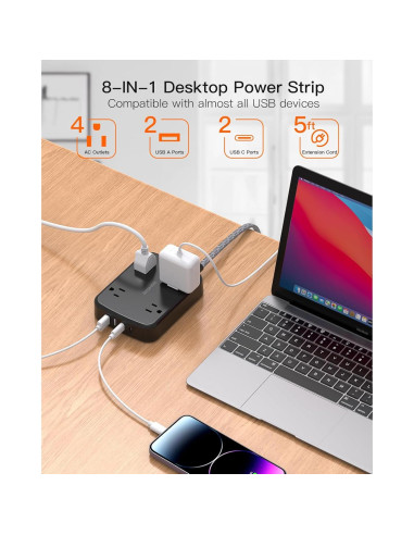 Regleta de Protección BESHON 1.5m con 4 USB y 4 Salidas