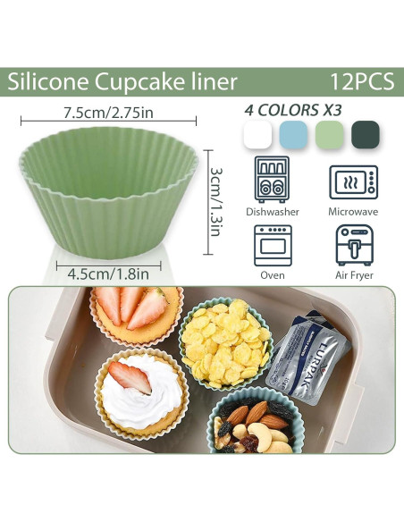 Tazas de Muffin de Silicona Hzyxgs 12 Piezas Antiadherentes Verde Tazas de Muffin de Silicona Hzyxgs 12 Piezas Antiadherentes Verde