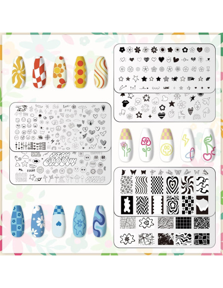 Placas de Uñas Whaline 6 Pcs Estampado Preppy Flores Corazones Placas de Uñas Whaline 6 Pcs Estampado Preppy Flores Corazones