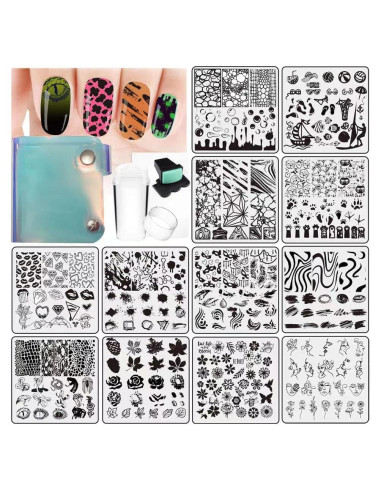 Set de Estampado de Uñas VNC 12 Placas 6x6cm + Estampador