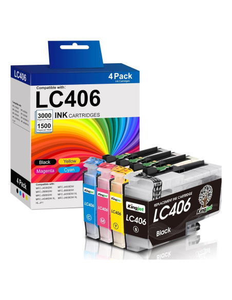 Cartuchos de tinta Kingjet LC406 compatibles para Brother - Paquete de 4 Cartuchos de tinta Kingjet LC406 compatibles para Brother - Paquete de 4