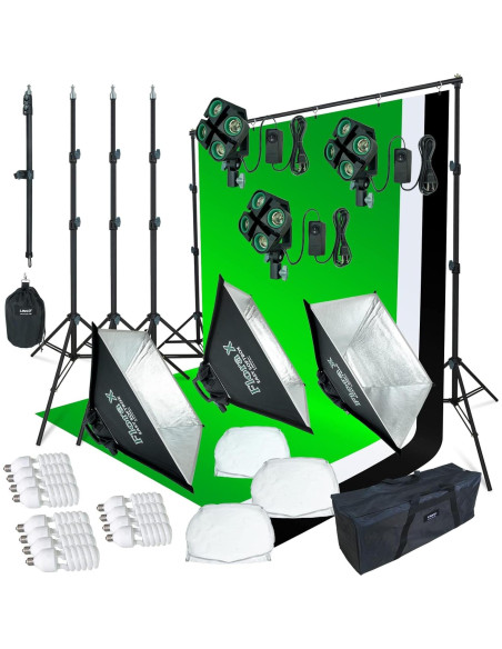 Kit de Iluminación Fotográfica LINCO 2000W con Fondos 3 Colores Kit de Iluminación Fotográfica LINCO 2000W con Fondos 3 Colores
