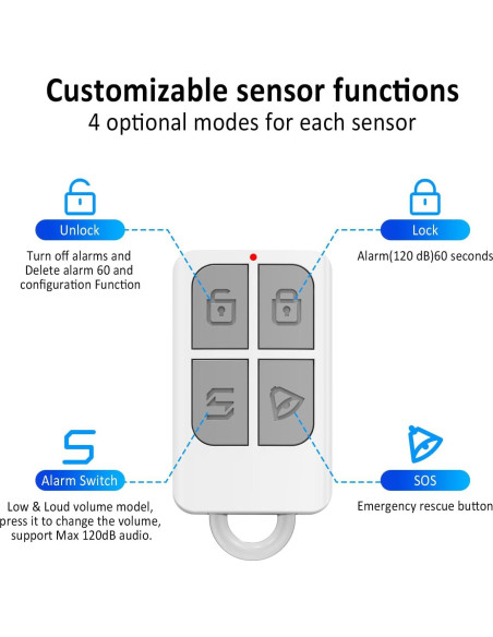 Paquete 4 Alarmas de Puerta METAK Inalámbricas 120dB Control Remoto Paquete 4 Alarmas de Puerta METAK Inalámbricas 120dB Control Remoto