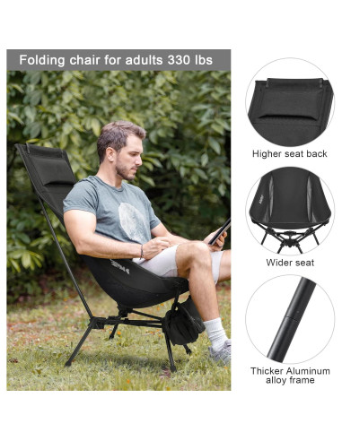 Silla de Camping Plegable G4Free Respaldo Alto 150Kg Negra