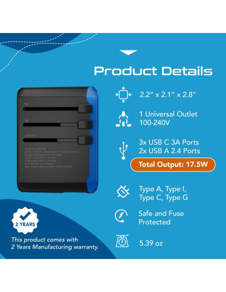 Adaptador de Viaje Universal Ceptics 17.5W con 2 USB-A y USB-C Adaptador de Viaje Universal Ceptics 17.5W con 2 USB-A y USB-C