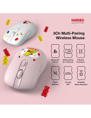 Ratón Inalámbrico Haribo Rosa, Bluetooth 5.0, DPI Ajustable