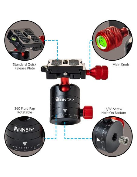 Cabezal de Bola de Trípode ANNSM 24mm con Rotación 360 y Placa QR 38mm Cabezal de Bola de Trípode ANNSM 24mm con Rotación 360 y Placa QR 38mm