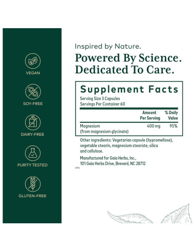 Suplemento de Magnesio Glicinato Gaia Herbs 400mg - 180 Cápsulas Veganas