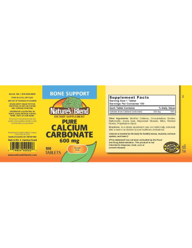 Carbonato de Calcio Puro Nature's Blend 600 mg 100 Tabletas