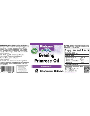 Aceite de Onagra BlueBonnet 500 mg 100 Softgels Salud Mujer