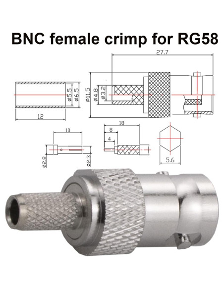 Conectores BNC hembra crimpado 50 Ohm RFetomax - Paquete de 5 Conectores BNC hembra crimpado 50 Ohm RFetomax - Paquete de 5