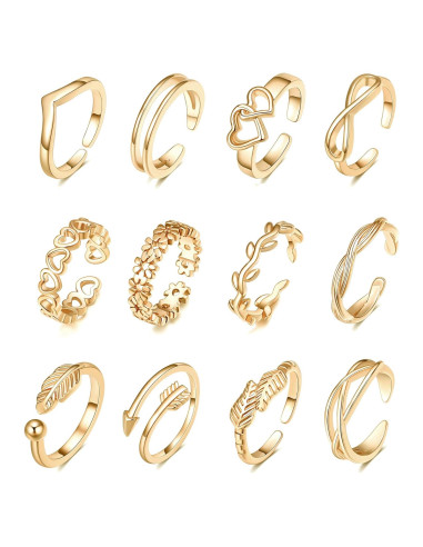 Conjunto de 12 Anillos Ajustables de Oro 14K para Mujeres