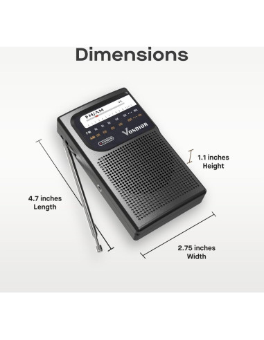 Radio portátil AM FM Vondior - Compacta, 0.45 kg, 2 pilas AA
