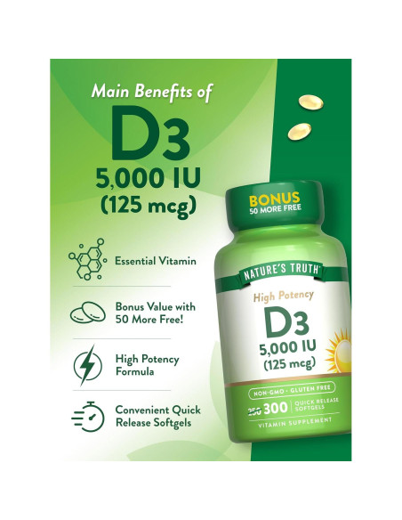 Vitamina D3 Nature's Truth 5000 UI 300 Softgels Sin OGM Vitamina D3 Nature's Truth 5000 UI 300 Softgels Sin OGM