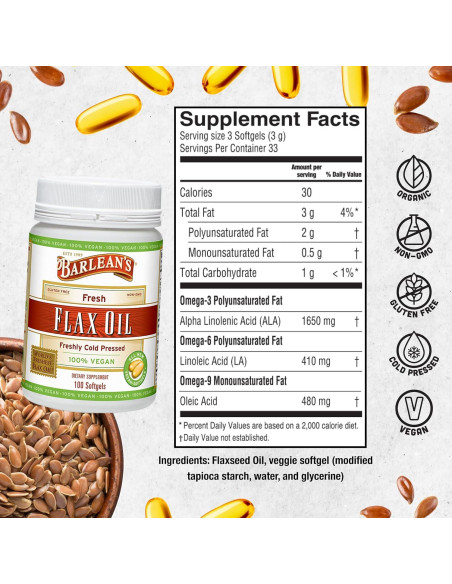 Aceite de Semilla de Lino Barlean's 100 Softgels 1650mg Omega-3 Aceite de Semilla de Lino Barlean's 100 Softgels 1650mg Omega-3