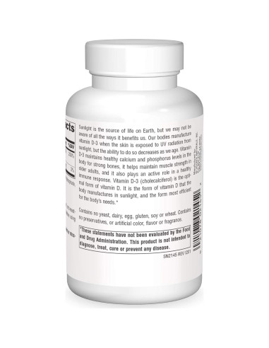 Vitamina D-3 Source Naturals 2000 UI 200 Cápsulas Salud Ósea