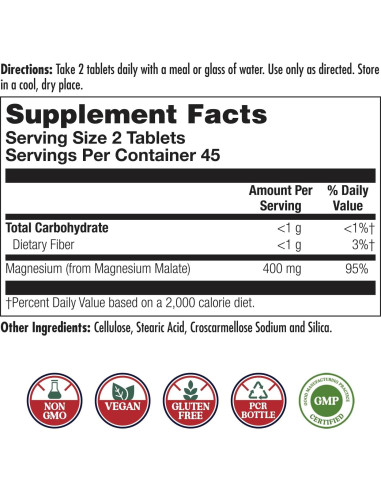Suplemento de Magnesio Malato KAL 400mg Vegano 90 Tabletas