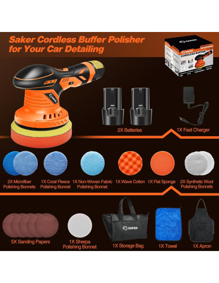 Pulidor Inalámbrico Saker 12V 2000mAh 6" con 2 Baterías