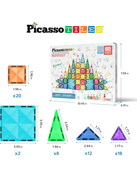 PicassoTiles 60 Piezas Azulejos Magnéticos Portátiles Juguete STEM PicassoTiles 60 Piezas Azulejos Magnéticos Portátiles Juguete STEM