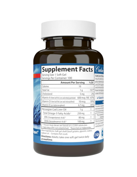 Carlson Aceite de Hígado de Bacalao 1000 mg + Vitaminas A y D3 - 100 Cápsulas Carlson Aceite de Hígado de Bacalao 1000 mg + Vitaminas A y D3 - 100 Cápsulas