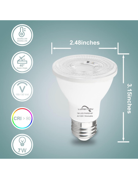 Bombillas LED PAR20 Regulables 3000K 7W E26 Paquete de 4 Bombillas LED PAR20 Regulables 3000K 7W E26 Paquete de 4