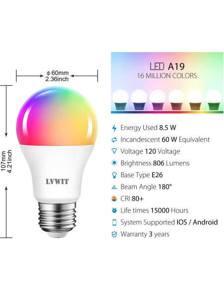 Bombillas Inteligentes LVWIT A19 LED RGB 8.5W E26 - Paquete de 4 Bombillas Inteligentes LVWIT A19 LED RGB 8.5W E26 - Paquete de 4