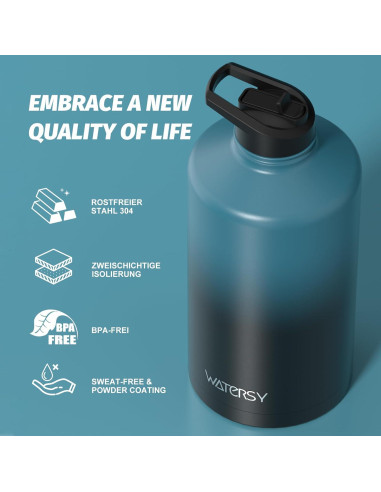 Botella de Agua Aislada WATERSY 128oz Acero Inoxidable Negro Azul